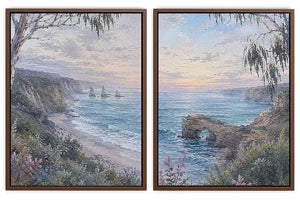 Coastal ocean landscape canvas art with cliffs, waves, rock arch, and soft blue tones.