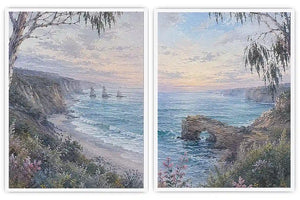 Coastal ocean landscape canvas art with cliffs, waves, rock arch, and soft blue tones.