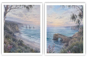 Coastal ocean landscape canvas art with cliffs, waves, rock arch, and soft blue tones.