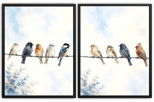 Watercolor birds on a wire canvas art with soft blue sky for peaceful home decor.