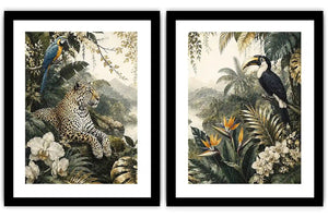 Tropical jungle diptych wall art featuring a leopard, macaw, toucan, orchids and lush rainforest foliage.