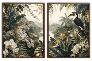 Tropical jungle diptych wall art featuring a leopard, macaw, toucan, orchids and lush rainforest foliage.