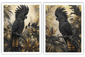 Black cockatoo botanical diptych wall art with dark tropical foliage, palms and banksia-style flowers.