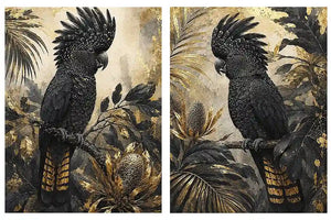 Black cockatoo botanical diptych wall art with dark tropical foliage, palms and banksia-style flowers.