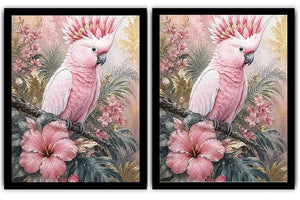 Pink cockatoo tropical floral diptych wall art with hibiscus flowers, palm leaves and soft pastel botanical details.