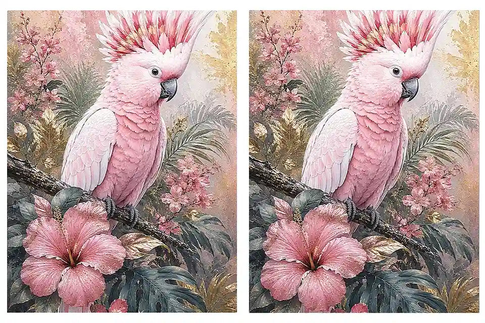 Pink cockatoo tropical floral diptych wall art with hibiscus flowers, palm leaves and soft pastel botanical details.