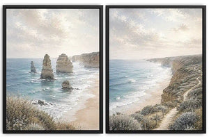 Soft coastal limestone stack canvas art for relaxed living room decor.