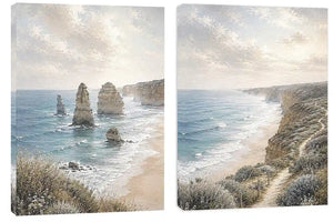 Soft coastal limestone stack canvas art for relaxed living room decor.