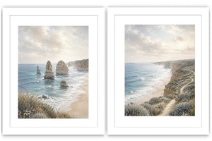 Soft coastal limestone stack canvas art for relaxed living room decor.