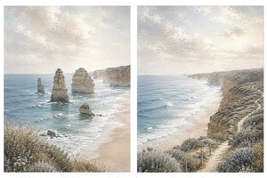 Soft coastal limestone stack canvas art for relaxed living room decor.