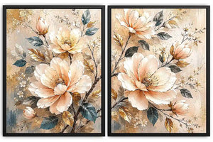 Champagne floral diptych canvas art with botanical leaves for luxury living room decor