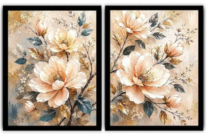 Champagne floral diptych canvas art with botanical leaves for luxury living room decor