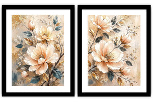 Champagne floral diptych canvas art with botanical leaves for luxury living room decor