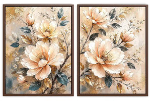 Champagne floral diptych canvas art with botanical leaves for luxury living room decor