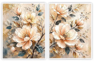 Champagne floral diptych canvas art with botanical leaves for luxury living room decor