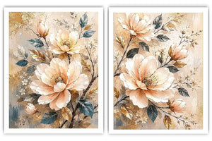 Champagne floral diptych canvas art with botanical leaves for luxury living room decor