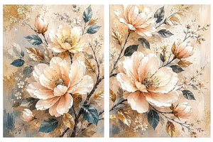 Champagne floral diptych canvas art with botanical leaves for luxury living room decor