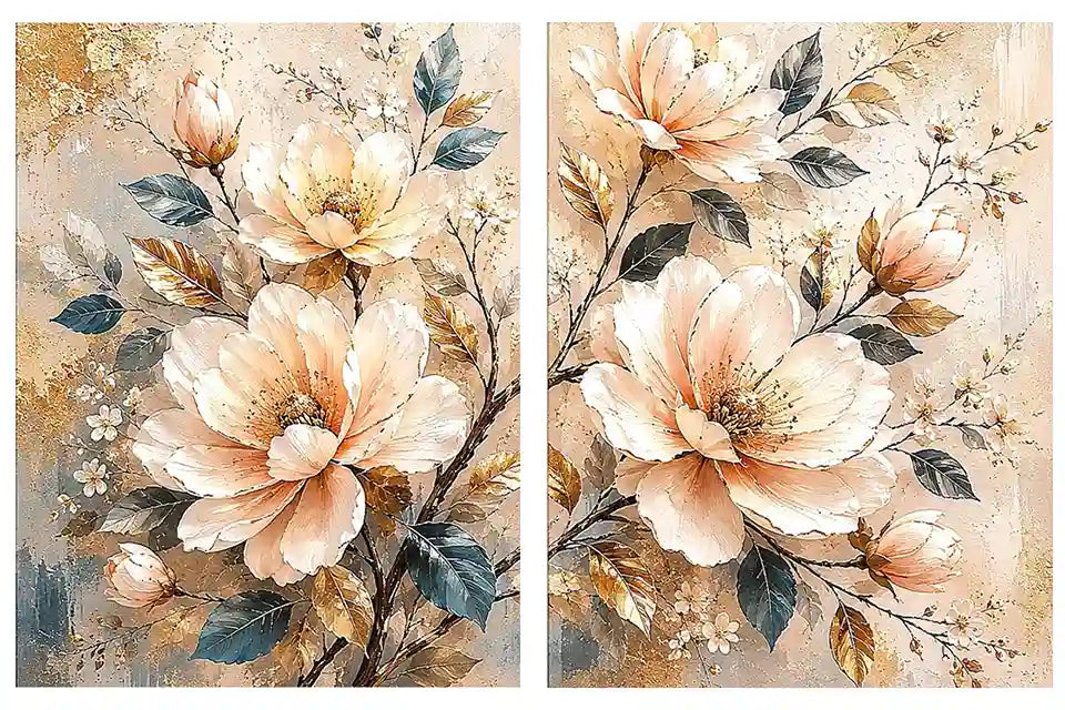 Champagne floral diptych canvas art with botanical leaves for luxury living room decor