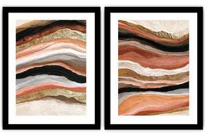 Terracotta abstract canvas art with black and gold flowing bands for modern living rooms.