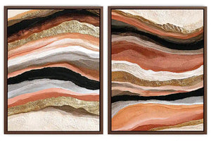 Terracotta abstract canvas art with black and gold flowing bands for modern living rooms.