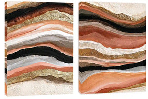Terracotta abstract canvas art with black and gold flowing bands for modern living rooms.