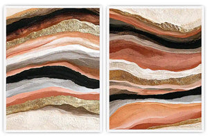 Terracotta abstract canvas art with black and gold flowing bands for modern living rooms.