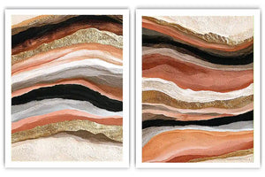 Terracotta abstract canvas art with black and gold flowing bands for modern living rooms.