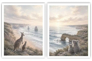 Australian kangaroo and koala coastal canvas art for calm living room decor.
