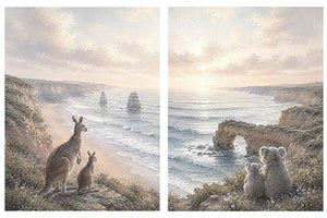 Australian kangaroo and koala coastal canvas art for calm living room decor.