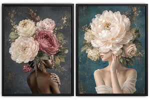 Elegant floral portrait canvas art with peonies for luxury bedroom decor.