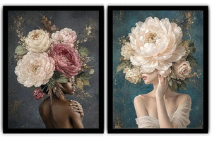 Elegant floral portrait canvas art with peonies for luxury bedroom decor.