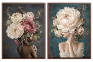 Elegant floral portrait canvas art with peonies for luxury bedroom decor.