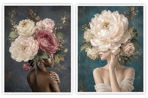 Elegant floral portrait canvas art with peonies for luxury bedroom decor.