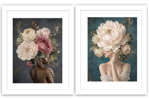 Elegant floral portrait canvas art with peonies for luxury bedroom decor.