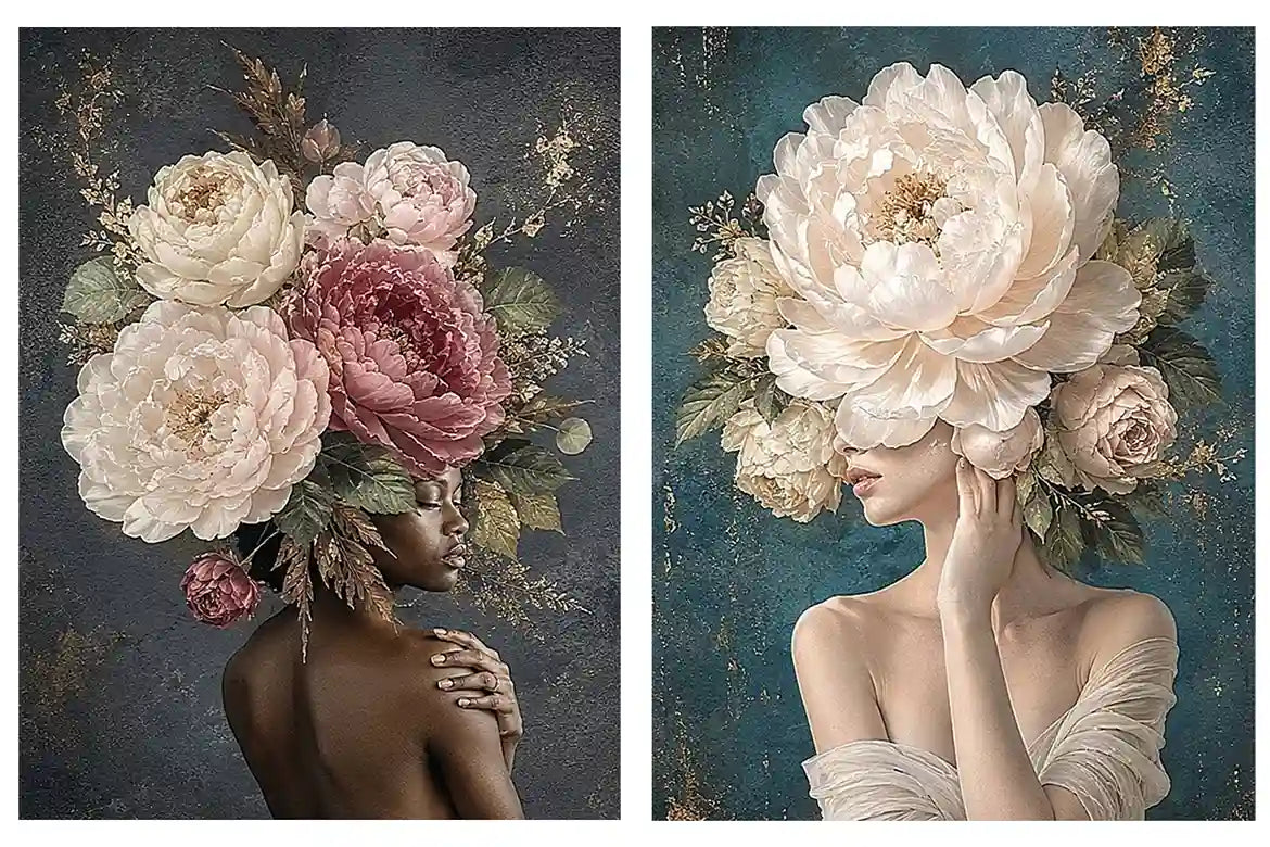 Elegant floral portrait canvas art with peonies for luxury bedroom decor.