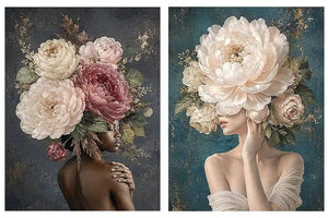 Elegant floral portrait canvas art with peonies for luxury bedroom decor.