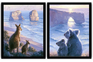 Painterly kangaroo and koala coastal wall art for warm living room decor.