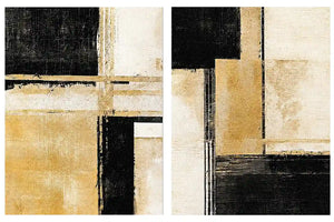 Black and gold geometric abstract canvas art for modern office decor.