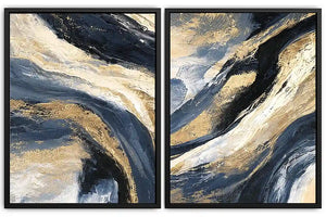 Navy and gold abstract canvas wall art for bold luxury living room decor.