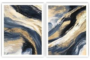 Navy and gold abstract canvas wall art for bold luxury living room decor.