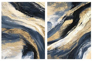 Navy and gold abstract canvas wall art for bold luxury living room decor.
