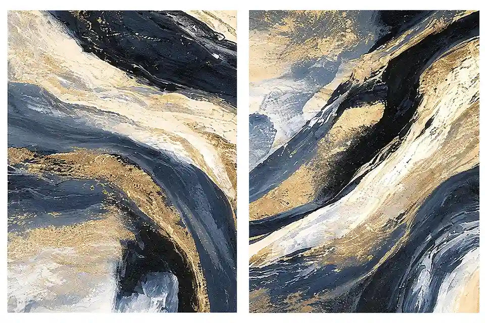 Navy and gold abstract canvas wall art for bold luxury living room decor.