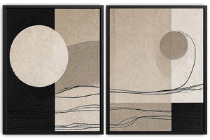 Minimalist neutral abstract canvas art with circle and line details for calm office decor.