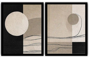 Minimalist neutral abstract canvas art with circle and line details for calm office decor.