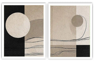 Minimalist neutral abstract canvas art with circle and line details for calm office decor.