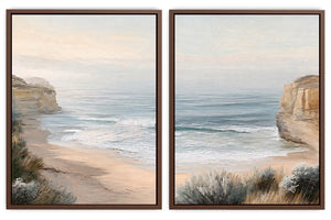 Soft beach cove canvas art for peaceful coastal bedroom decor.