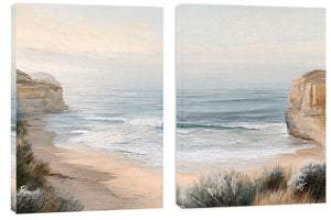 Soft beach cove canvas art for peaceful coastal bedroom decor.