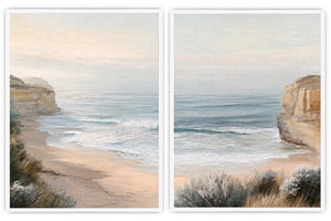 Soft beach cove canvas art for peaceful coastal bedroom decor.