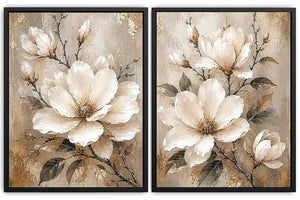 Neutral magnolia diptych canvas art for modern bedroom and living room decor