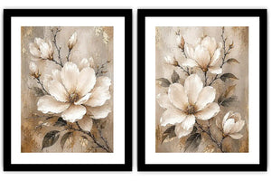 Neutral magnolia diptych canvas art for modern bedroom and living room decor